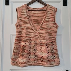 Handmade Crochet Sleeveless Sweater Pullover Shirt Womens M Coral Tan Cream